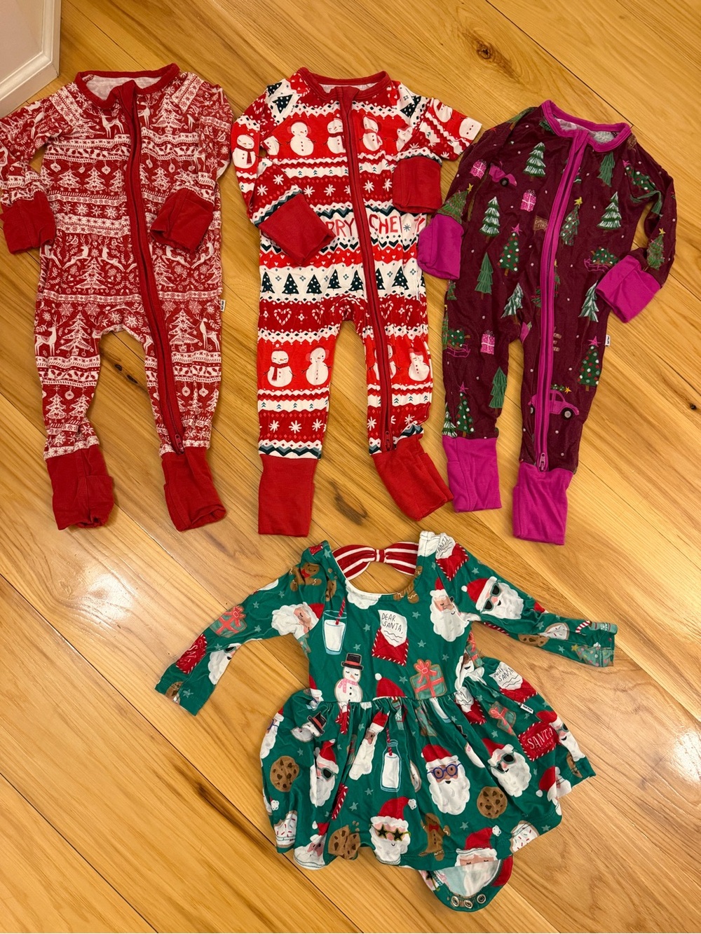 Little Sleepies Red, Green, Purple Holiday Footed Pajamas & Dress Set